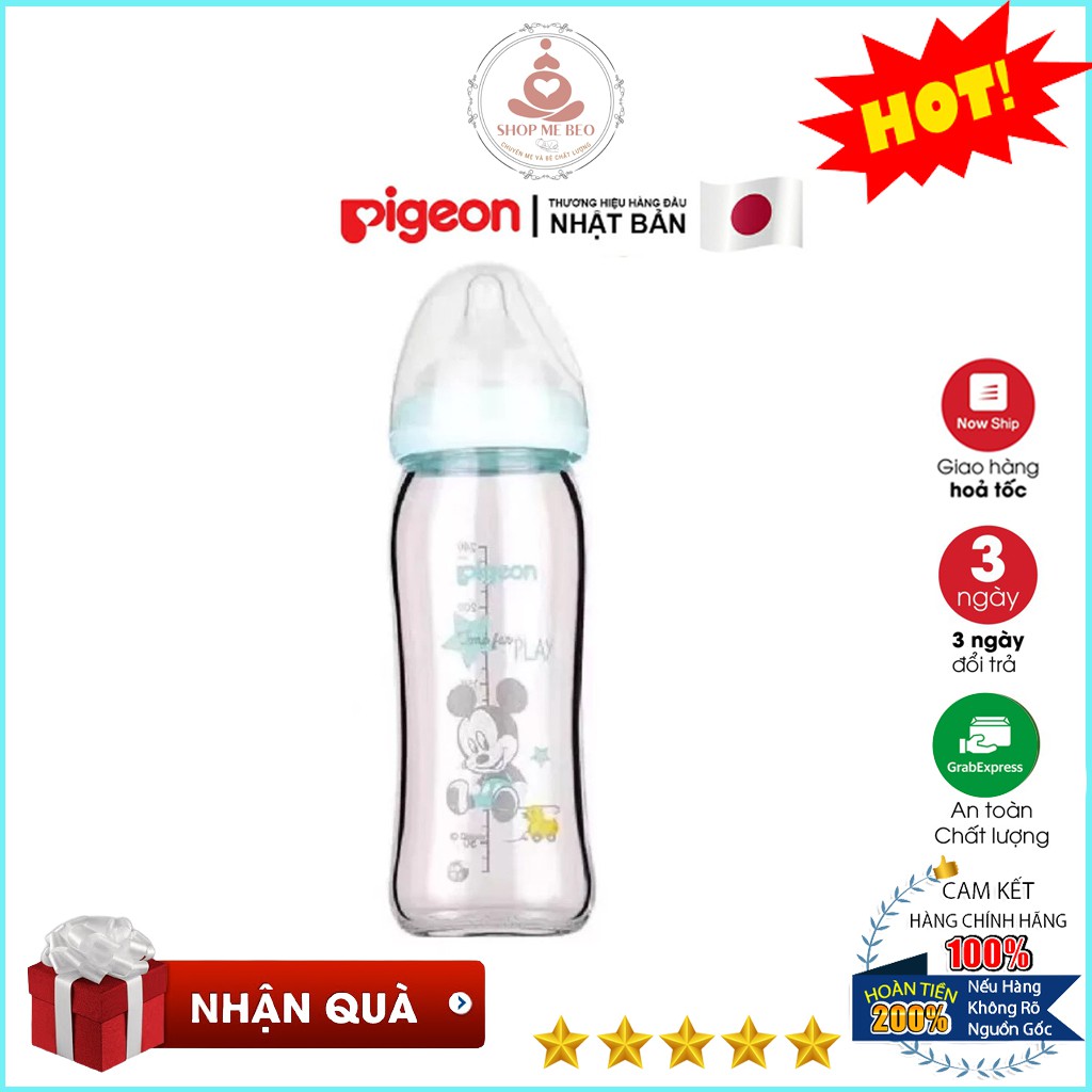 Bình Sữa Nội Địa Thủy Tinh Pigeon Cổ Rộng Cao Cấp 160ml/240ml Mẹ Beo