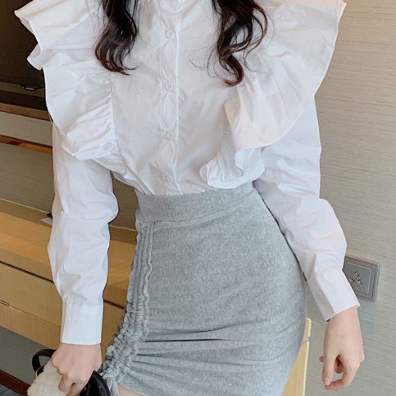 Cổ Phiếu Sẵn Sàng❤Ah F &amp; X Áo Sơ Mi Tay Dài Cổ Đứng Nhún Bèo Dáng Ôm Thời Trang Mùa Xuân 2020 Phong Cách Mới Dành Cho Nữ