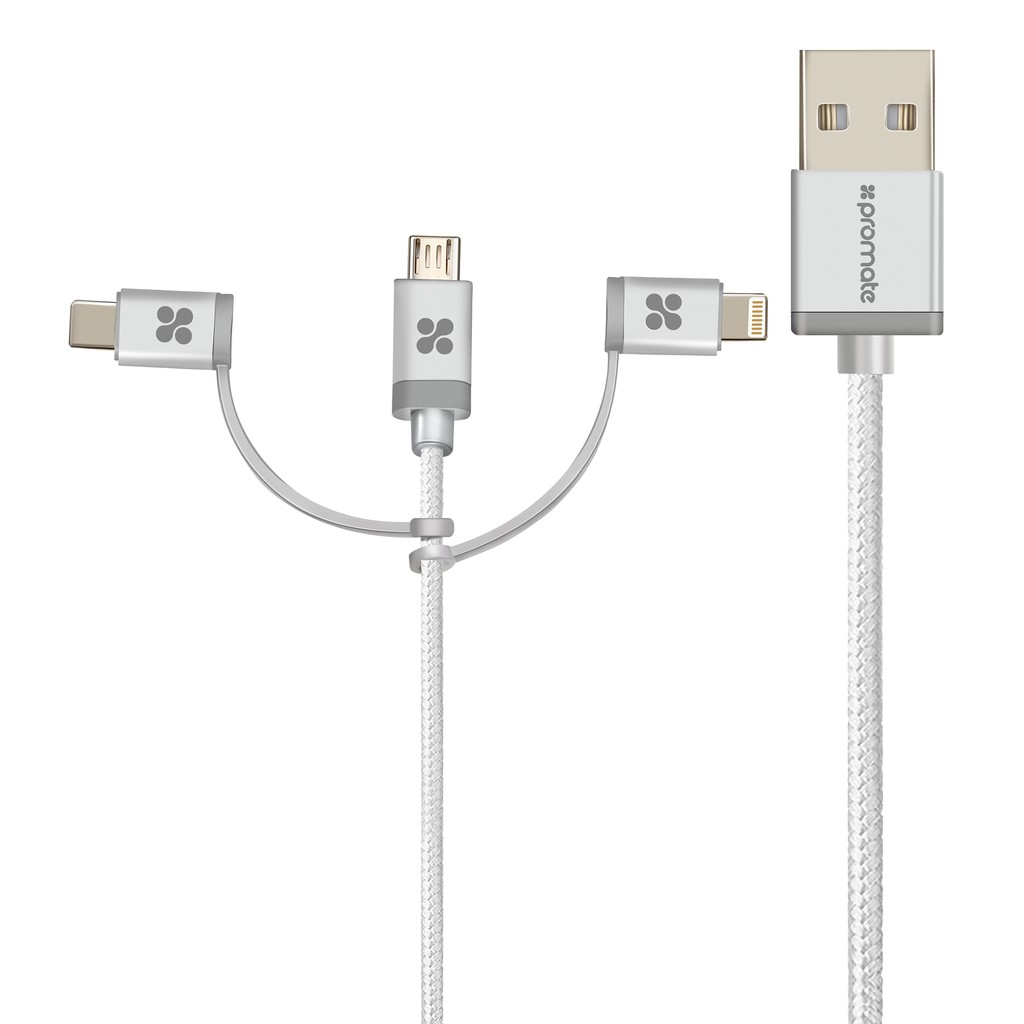 Cáp Sạc 3 Trong 1 Micro USB + Type C + Lightning Promate UNILINK-TRIO-Hàng Chính Hãng