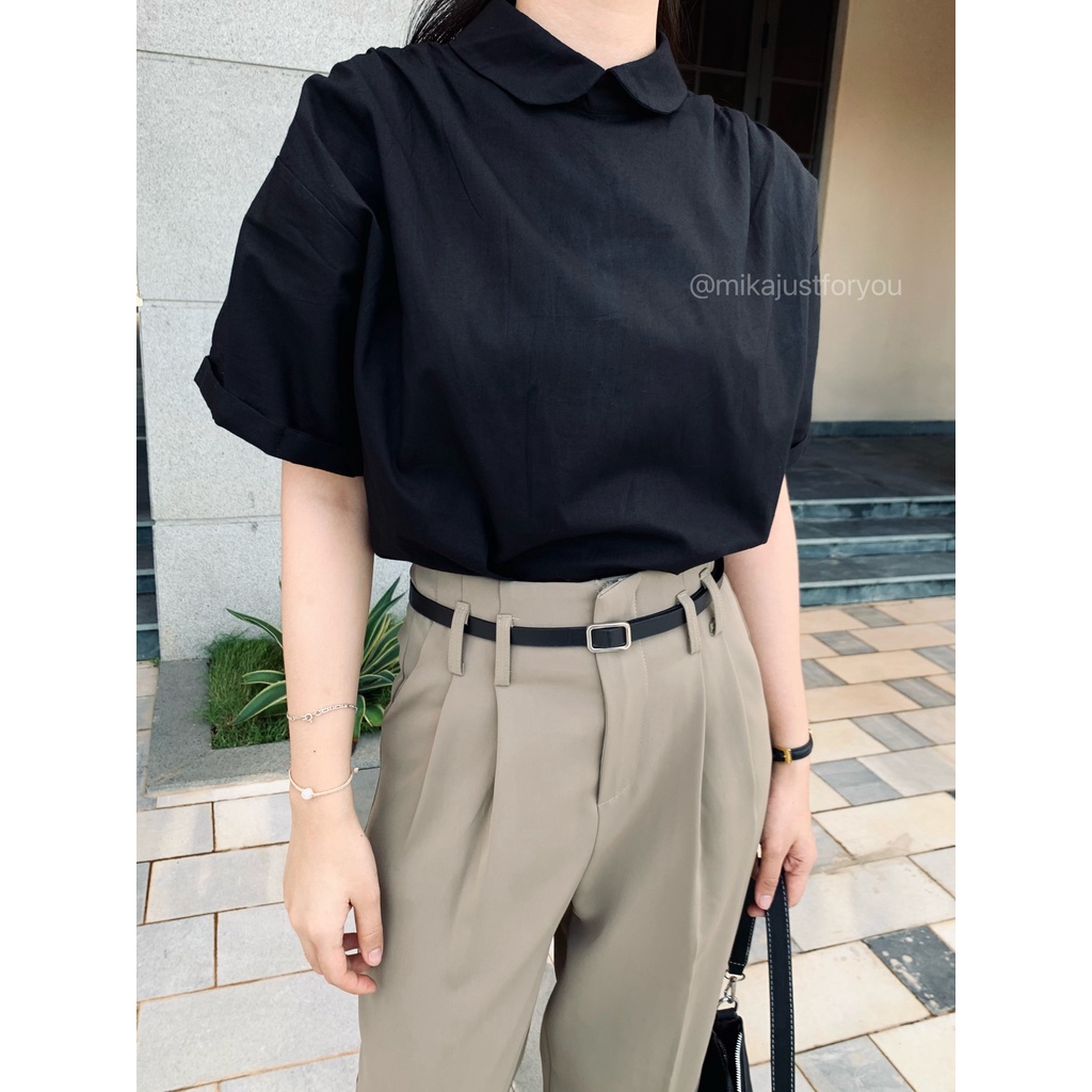 Áo sơmi đen cổ sen tròn, nhún vai, nút gài sau cổ phong cách Hàn, vải cotton mềm