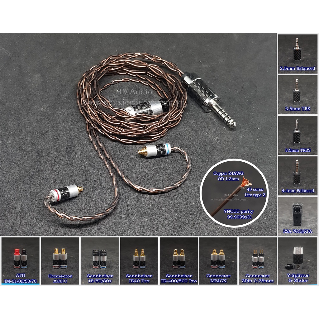 Dây tai nghe đồng 7N OCC Litz 24AWG 1.2mm tết 4 Coffee - Connetor IM50/70 A2DC IE80/80s IE40Pro IE10