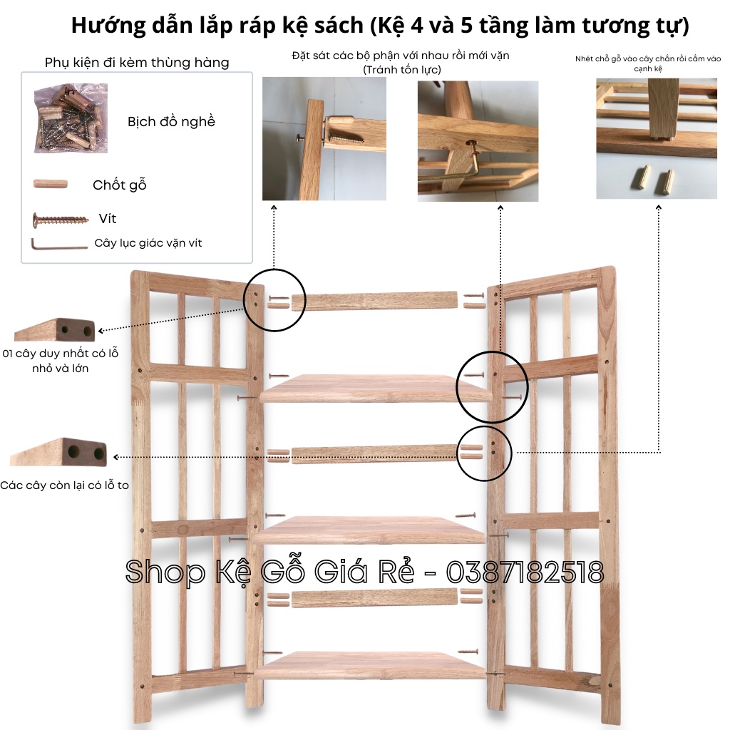 Kệ Sách Gỗ 5 Tầng 38cm, 50cm, 65cm, 80cm, 90cm