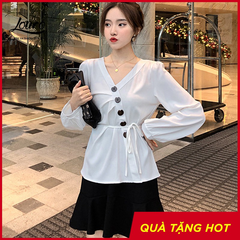 Áo peplum công sở đẹp Louro L400, áo kiểu công sở cổ chữ V, kiểu dáng xếp ly chéo thân áo