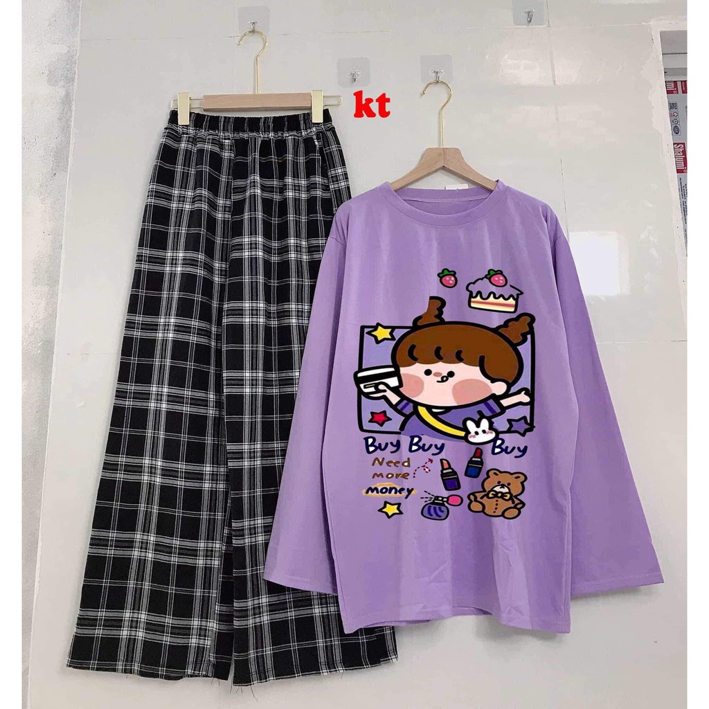 Sét áo thun cô gái Buy + quần kẻ HARIQUEEN