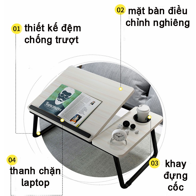 Bàn học thông minh điều chỉnh độ nghiêng mặt bàn, bàn làm việc đa năng có khay để cốc và chặn laptop điện thoại