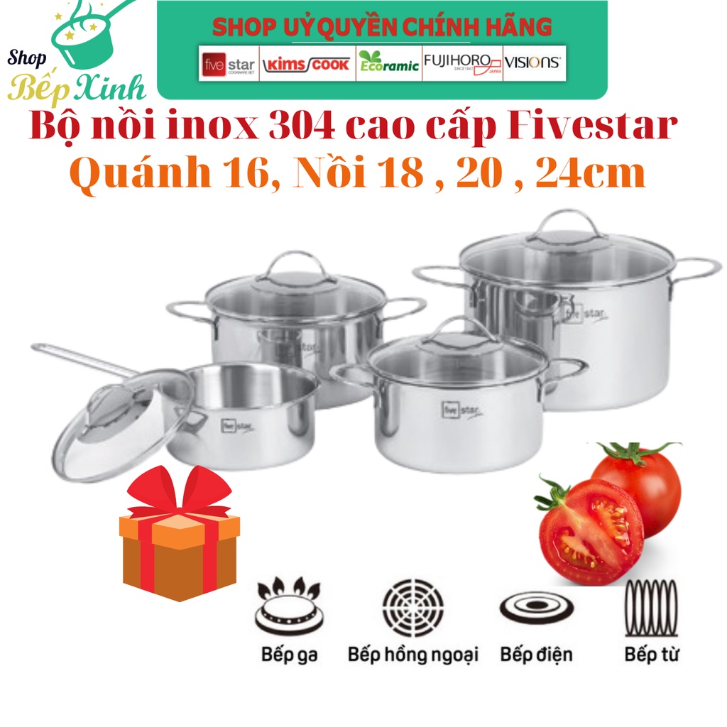 Bộ nồi 3 lớp đáy liền inox 304 cao cấp Fivestar Plus 4 món , quai oval , nắp kính , bảo hành 25 năm , dùng được mọi bếp