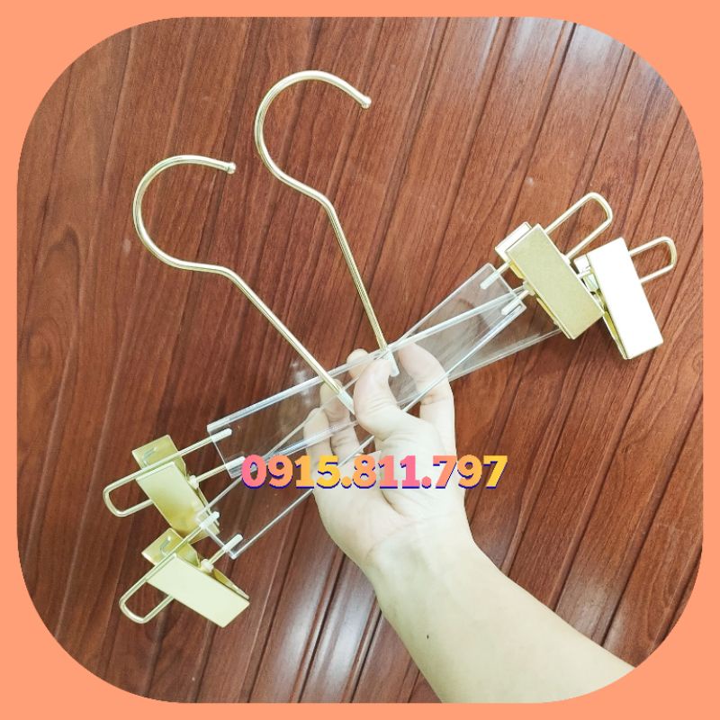 Móc treo quần áo - kẹp mika đầu kẹp mạ vàng siêu xinh và sang chảnh cho shop thời trang màu trong suốt,kích thước 30cm