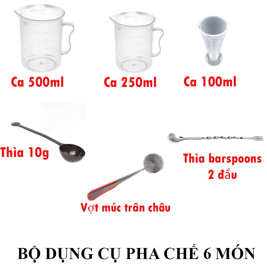 Bộ dụng cụ pha chế 6 món (ca 500-250-100ml, thìa nâu 10g, thìa khuấy inox, vợt múc trân châu)