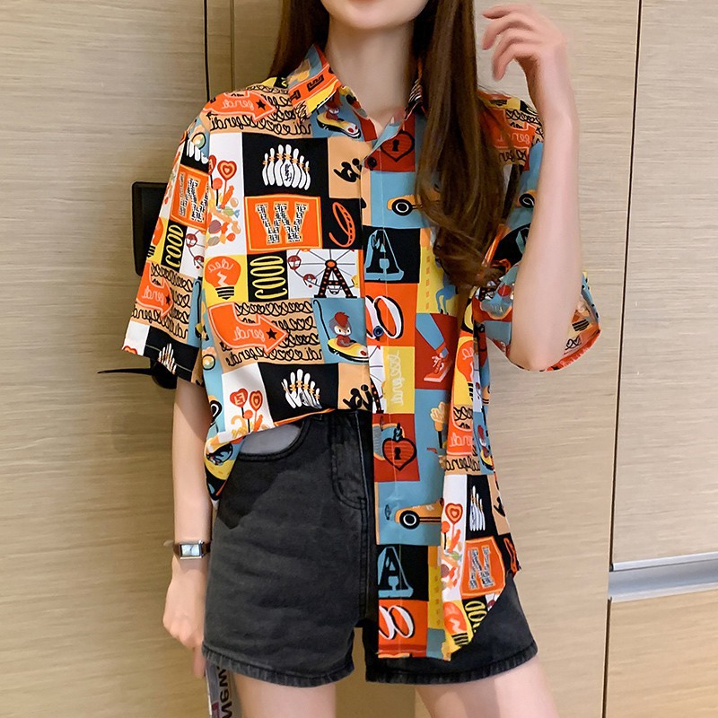 [Mã FATHANG5 giảm 10K đơn 50K] LEEVA - Áo sơ mi họa tiết phong cách nổi bật Chiffon: Cam