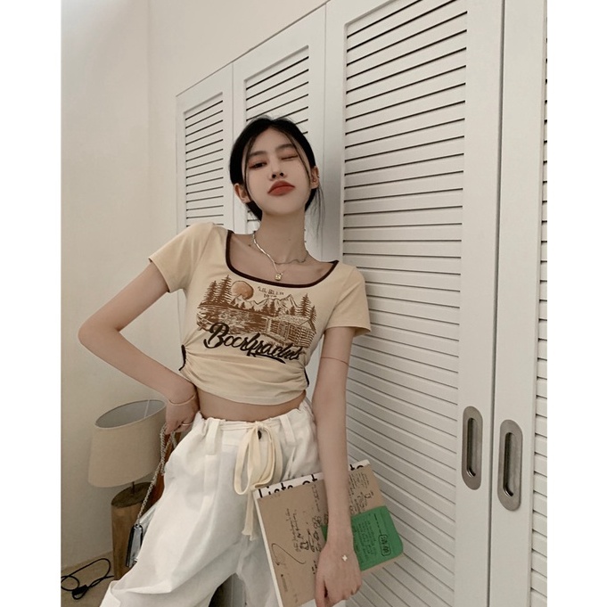 Áo Thun Ngắn Cổ Vuông In Chữ Phong Cách Retro Mỹ