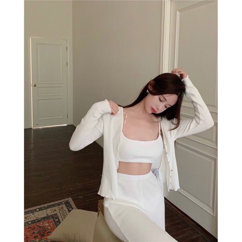 [Có ảnh thật] Set áo croptop 2 dây+áo khoác cardigan+ quần trắng thanh lịch sang chảnh (có tách lẻ)SAM SAM BOUTIQUE