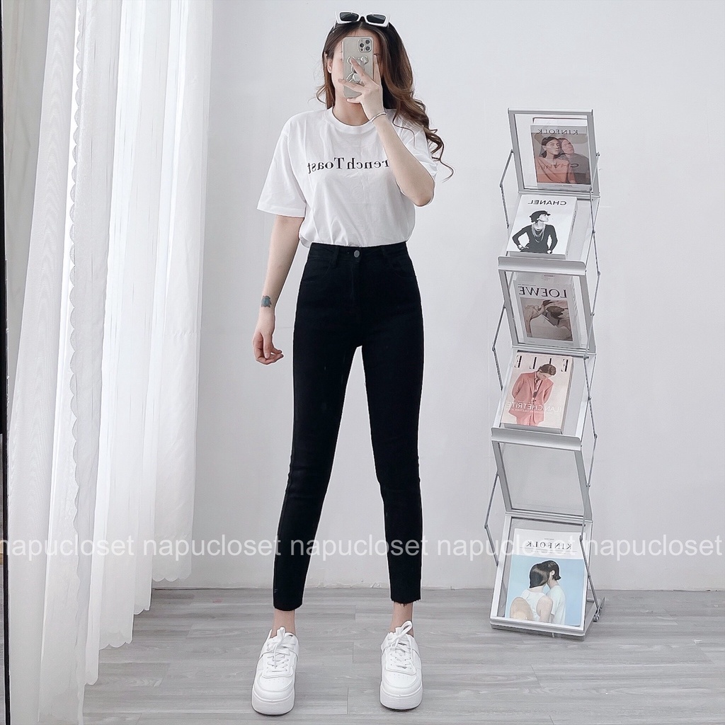 Quần skinny jeans lai cắt dài 90cm màu đen QJ517