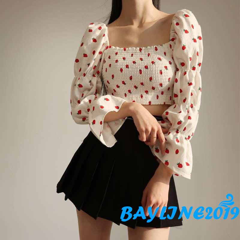 Áo Kiểu Nữ Dài Tay Cổ Vuông In Hình Quả Dâu Thời Trang