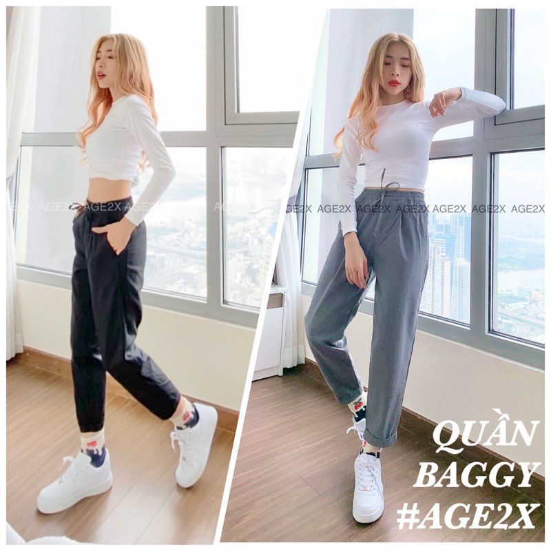 Quần baggy AGE2X chất kaki cotton mềm, có phối bo gân co giãn bên sườn quần tạo độ thoải mái size s,m,l - Hàng