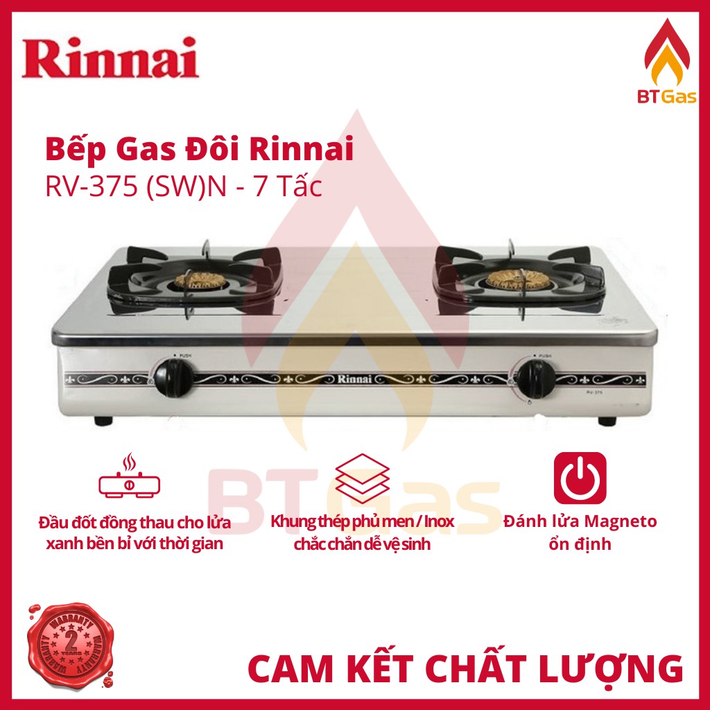 Bếp Gas Rinnai / Bếp Ga Đôi 7 Tấc RV-375 N Series / Có Đầu Hâm - Hàng Chính Hãng
