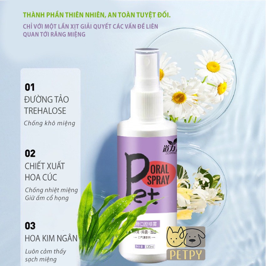 Xịt thơm miệng sạch miệng cho thú cưng hương thơm thiên nhiên dịu nhẹ, xịt miệng chó mèo