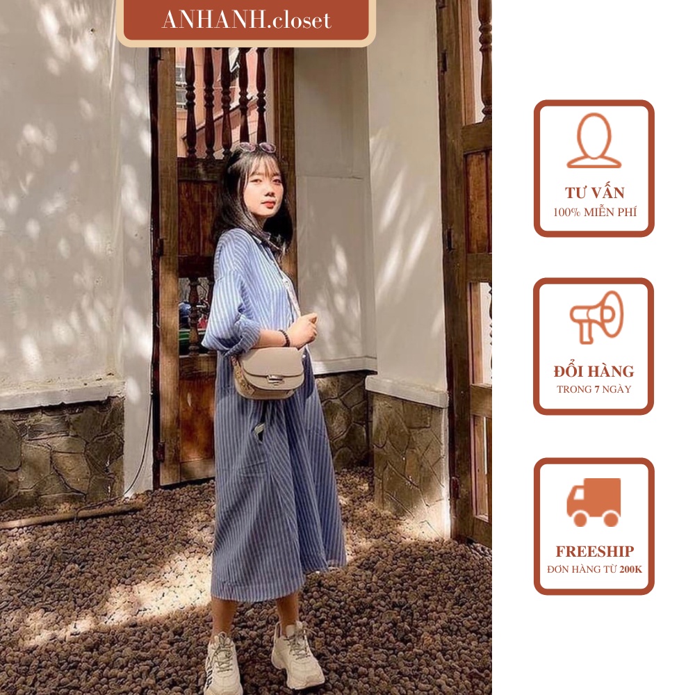 Váy đầm sơ mi nữ dáng suông kẻ sọc xanh dài tay kèm đai ANHANH.closet