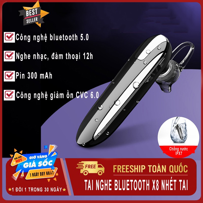 Tai nghe blutetooth nhét tai X8 không dây, chống nước, Pin 300 mAh, nghe nhạc, đàm thoại 12h-Tặng kèm tai phụ