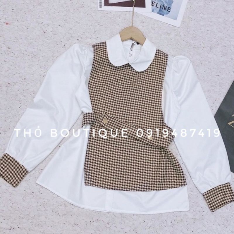 Áo sơ mi ZARA xuất xịn trắng cổ sen tay dài phối dạ caro kèm belt thắt eo