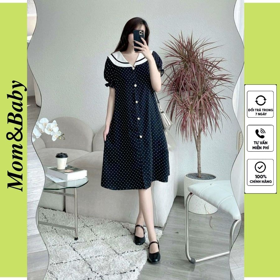 Váy bầu ngắn tay chấm bi cổ thủy thủ thời trang thiết kế công sở mặc đi chơi đi làm thoải mái Mom and Baby M540