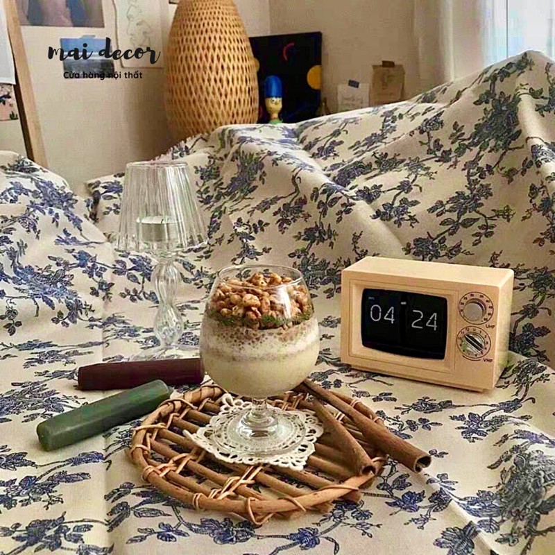 Khăn Trải Bàn Vải Lanh Cotton Hoạ Tiết Hoa Vintage Đủ Màu, Thảm Trải Picnic Có Viền Cạnh