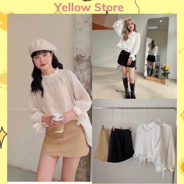 Set 3ct Áo Ren Bi Mix Chân Váy Thô Kaki “Hana” Xinh Xắn YELLOW STORE