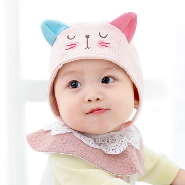 Mũ Cotton 2 Lớp Trùm Đầu Tai Mèo Ngộ Ngĩnh Ấm Áp Cho Bé Yêu 0 - 12