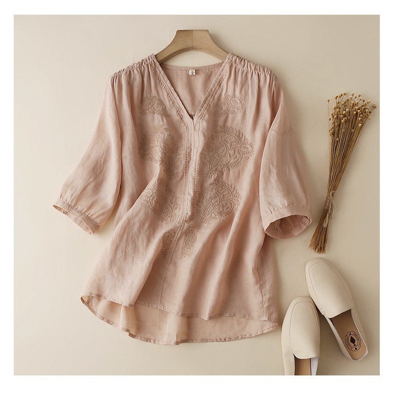 Áo cotton & linen thêu mẫu thiết kế màu nhã