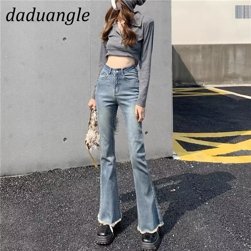 Quần jean ống loe Daduhey lưng cao màu xanh dương nhạt thời trang Hàn Quốc cho nữ