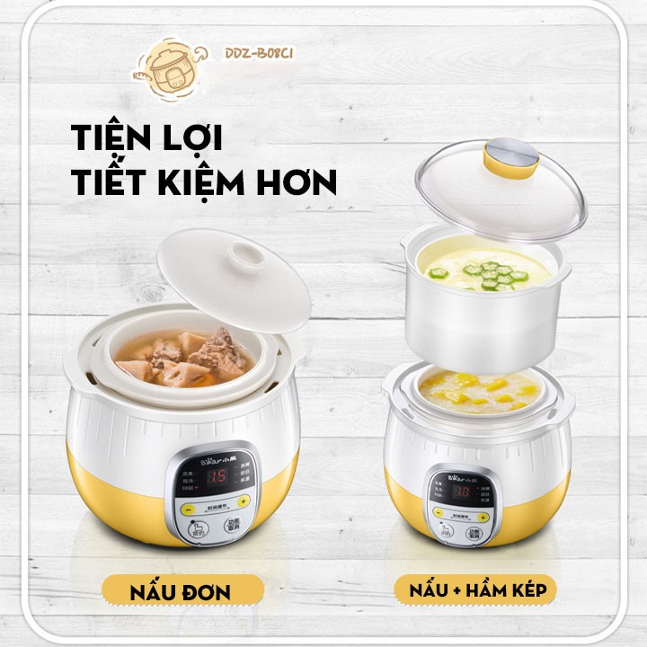 NỒI HẦM CHÁO CHẬM BEAR CÓ HẸN GIỜ 0,8L  CÓ LÔNG HẤP,4 IN 1