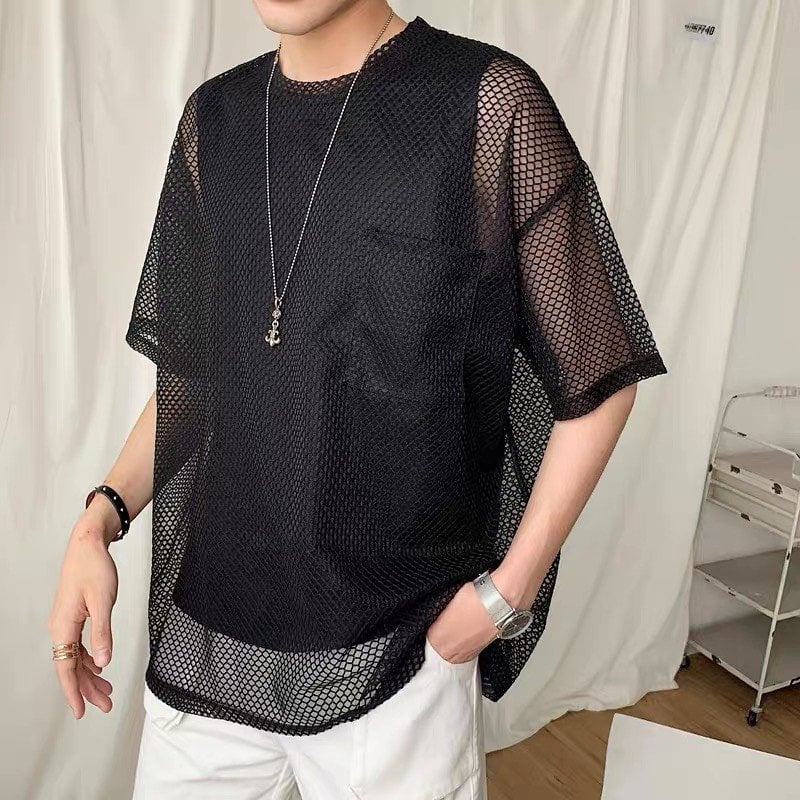 Áo thun nam lưới tay lỡ mùa hè form rộng (Combo áo lưới + áo thun tanktop)