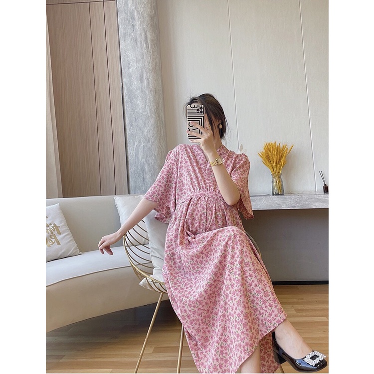 Váy đầm bầu hoa nhí hồng cổ v thiết kế công sở, dự tiệc cho mẹ bầu phong cách hàn quốc sang trọng lịch sự mới mùa hè