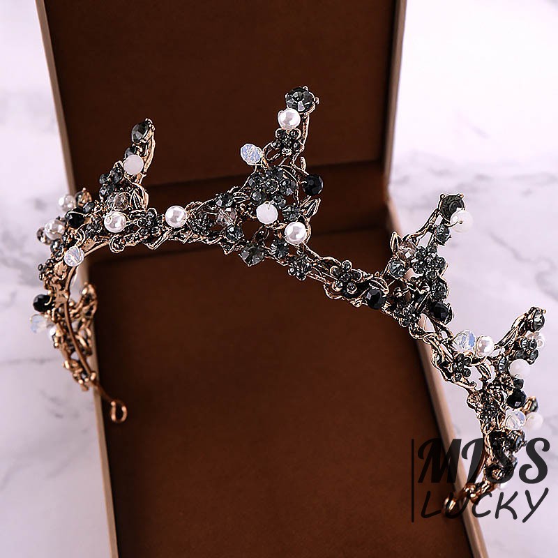Vương miện công chúa đính pha lê đen kiểu Baroque cho nữ