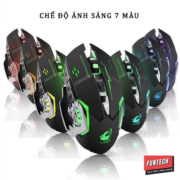 Chuột máy tính không dây Gaming Wolf X8 Pro Led RGB 7 màu siêu đẹp pin sạc thiết kế gọn nhẹ