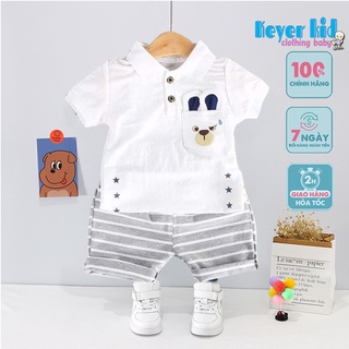 Bộ quần áo cộc tay cổ bẻ bé trai KEYER KIDS chất cotton trẻ em (6 tháng - 5 tuổi) hình in túi tai gấu dễ thương S007