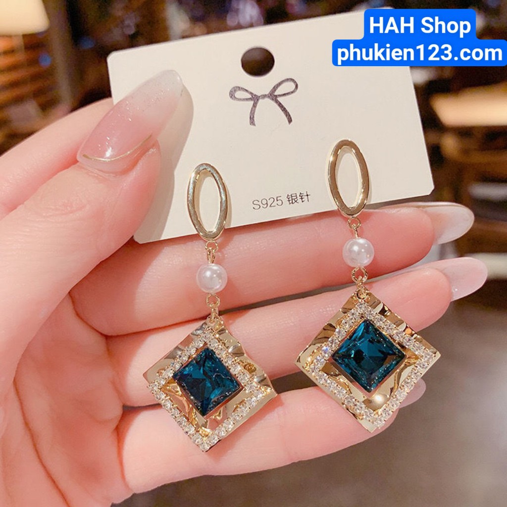 BÔNG TAI HÌNH KHỐI VUÔNG ĐÍNH ĐÁ XANH SANG TRỌNG PHONG CÁCH HÀN QUỐC