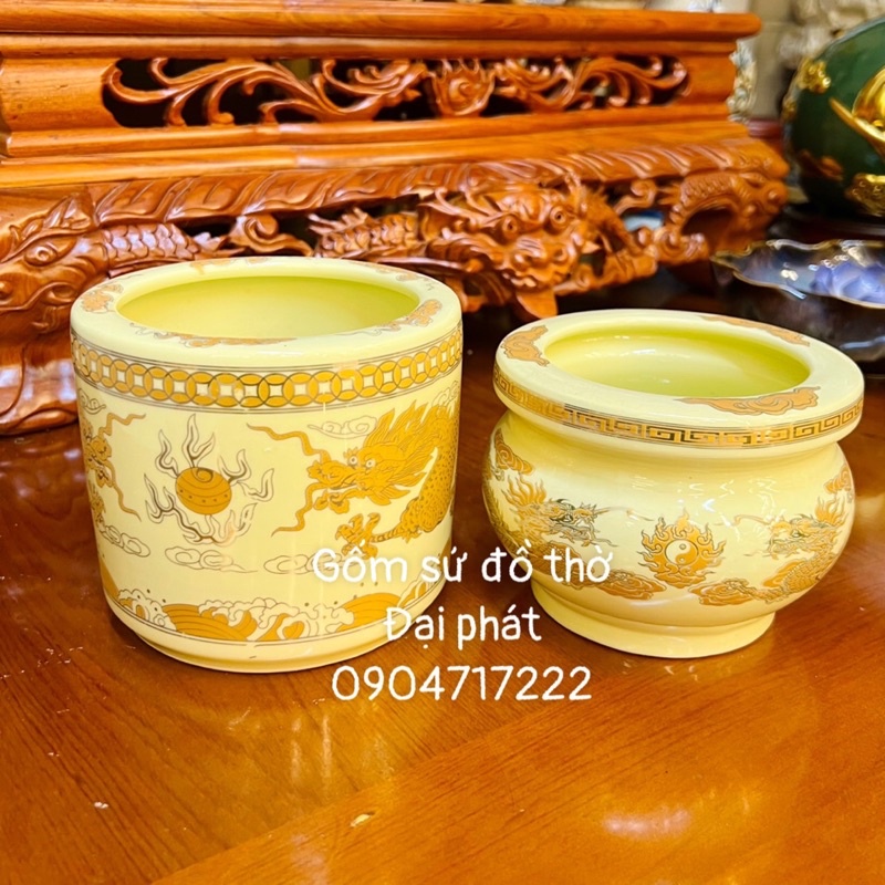 Mâm bồng men vàng ĐẠI PHÁT, mâm dâng ngũ quả ban thờ vàng kim liền chân chất liệu gốm sứ