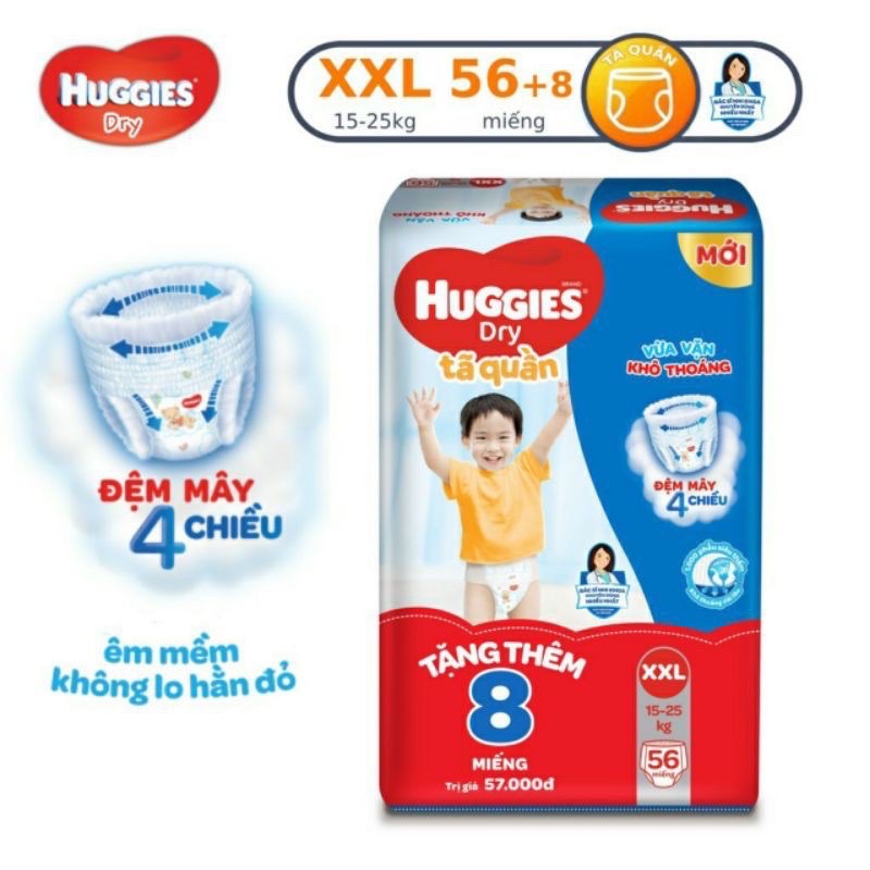 [Mẫu mới - Tặng 8 miếng] Tã quần Huggies Dry M74/L68/XL62/XXL56