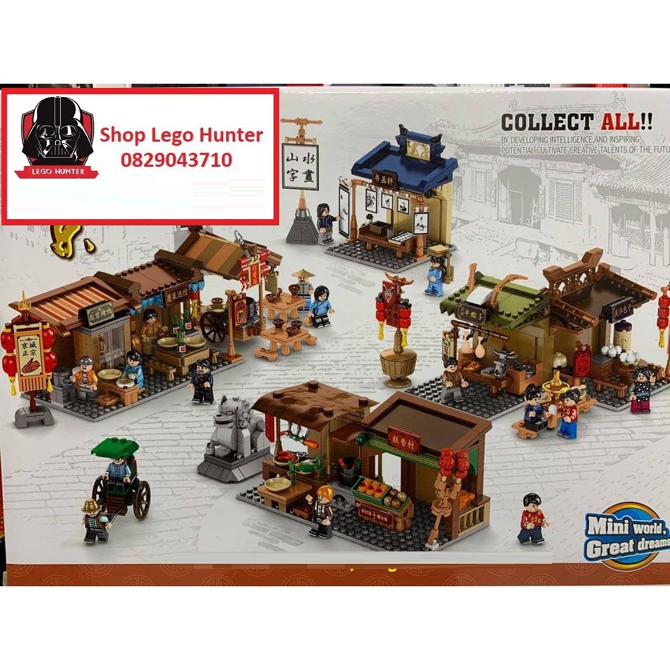 Xếp Hình city mini world Sembo Block mô hình lắp ráp Khu phố cổ ẩm thực truyền thống Trung Hoa