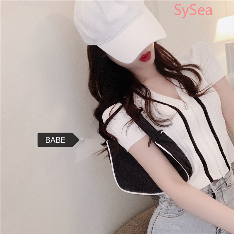 Áo tay ngắn cổ chữ V phối khóa kéo thời trang mùa hè dành cho phái nữ