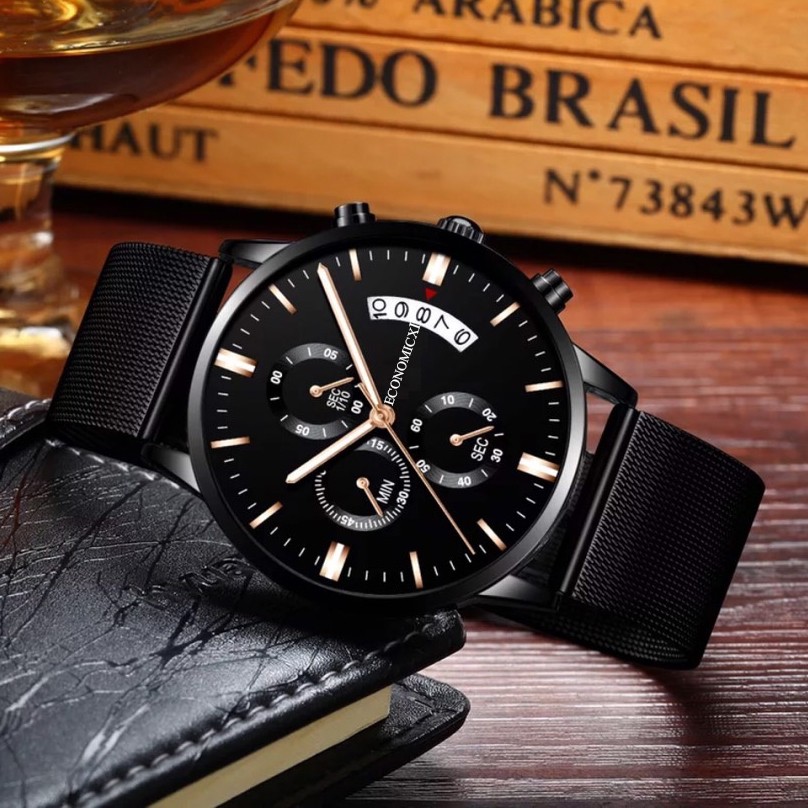 Đồng hồ nam ECONOMICXI cao cấp dây thép lụa đen chạy lịch ngày cao cấp - Thiết kế nam tính ECO79 (Full hộp) | BigBuy360 - bigbuy360.vn