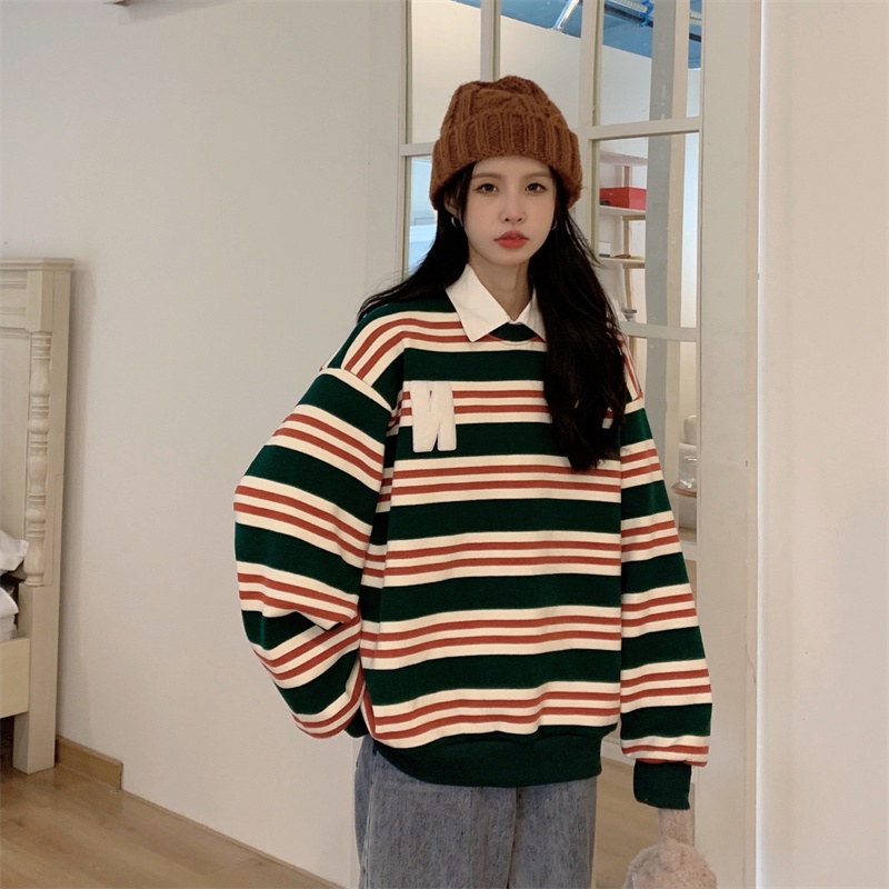 ZHELIHANGFEI Áo Thun POLO Tay Dài Cổ Tròn Họa Tiết Kẻ Sọc Thời Trang Dễ Phối Đồ Cho Nữ