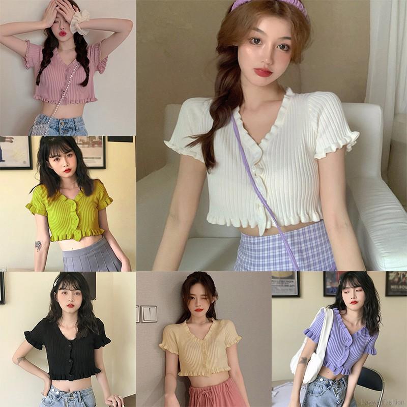 [Baywellfashion]Áo dệt kim nữ xẻ cổ chữ V tay ngắn phong cách thời trang quyến rũ | BigBuy360 - bigbuy360.vn