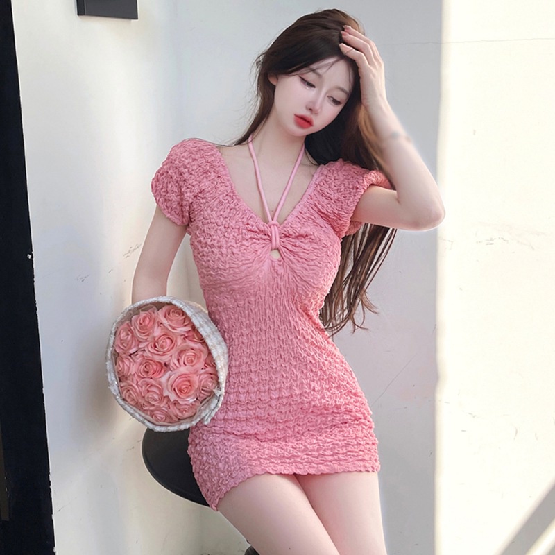 Đầm Tay Phồng Ngắn Hở Vai Màu Trơn Phong Cách Hàn Quốc Quyến Rũ Dành Cho Nữ