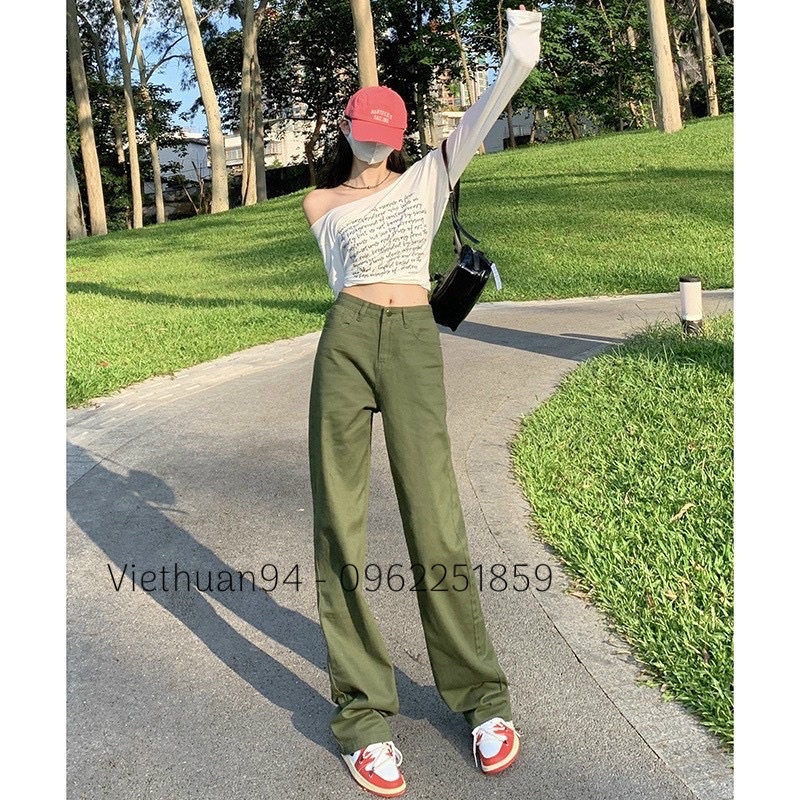 Quần jeans suông rêu ống rộng cạp cao màu độc lạ hottren