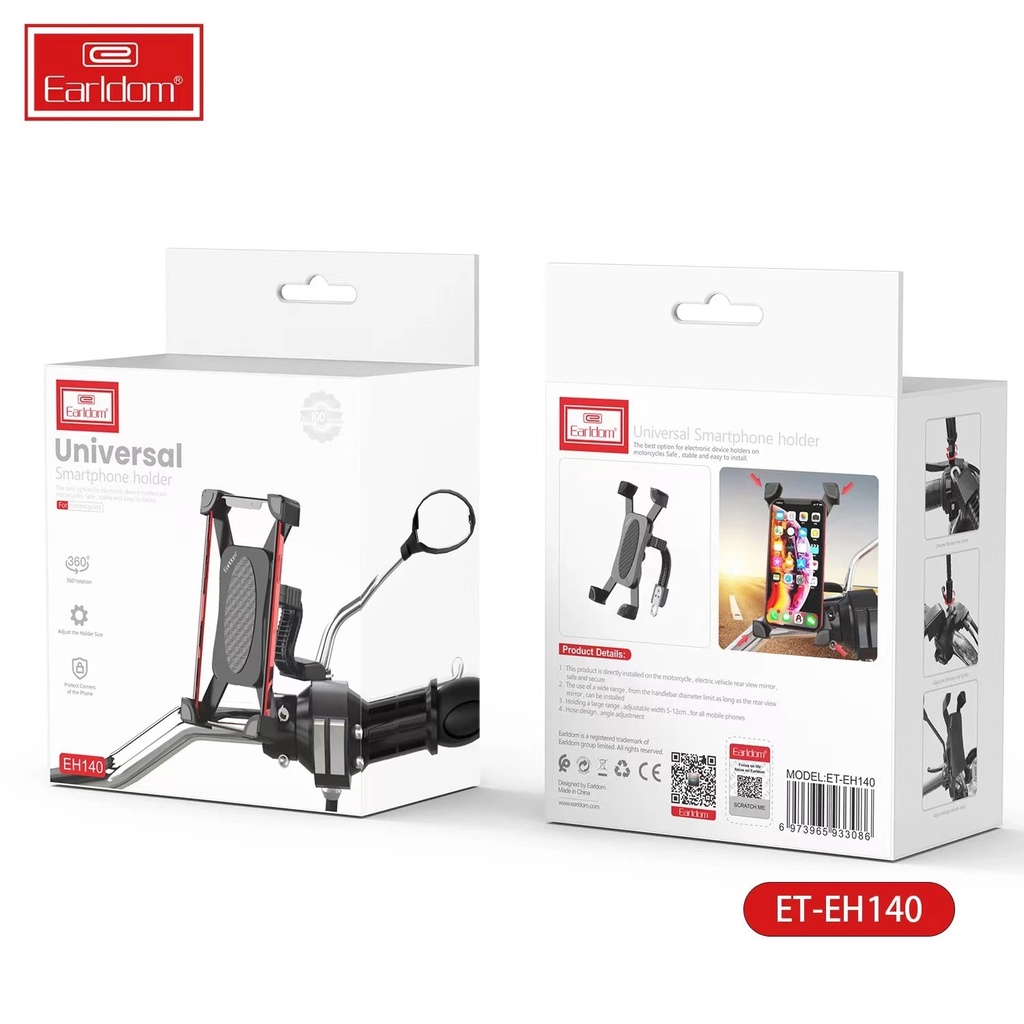 Kẹp Điện Thoại Chân Gương Xe Máy Earldom ET-EH140, khả năng quay 360 độ, thích hợp cho điện thoại từ 3.5inch-6.5inch.