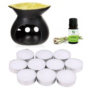Đèn nến xông tinh dầu hình chiếc lá kèm 1 vỉ nến 10 viên và 1 tinh dầu sả chanh 5ml NuCare