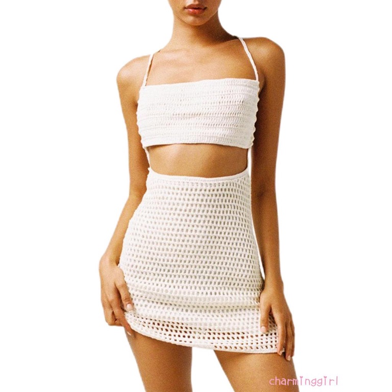 QAQ-Women’s Casual Knitted Suspender Dresses Solid Color Hollow Tie-up Backless Skinny Dress
