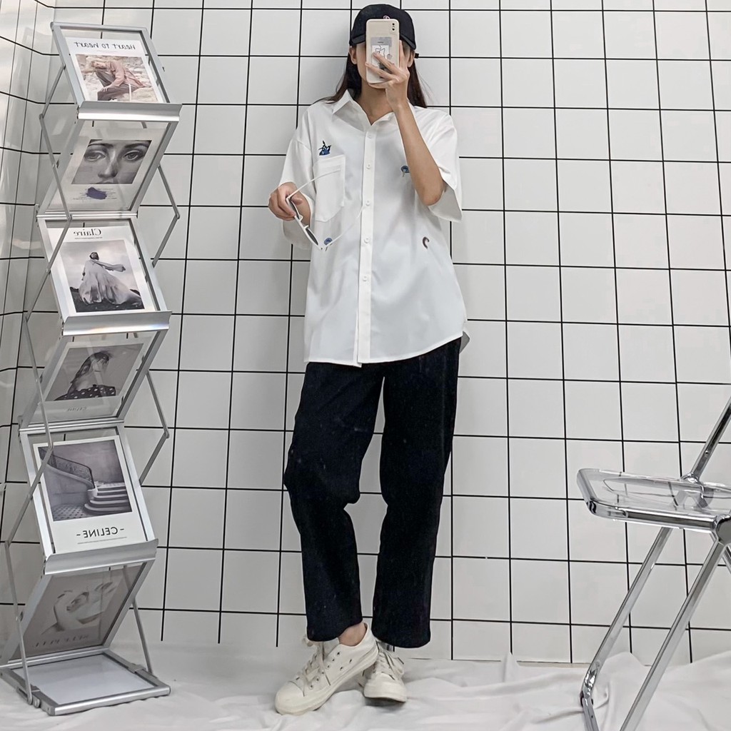 Áo Sơ Mi Nữ Tay Lỡ Form Rộng Thêu Hoạ Tiết BORI Vải Lụa Hàn Phong Cách Ulzzang –ZoZo
