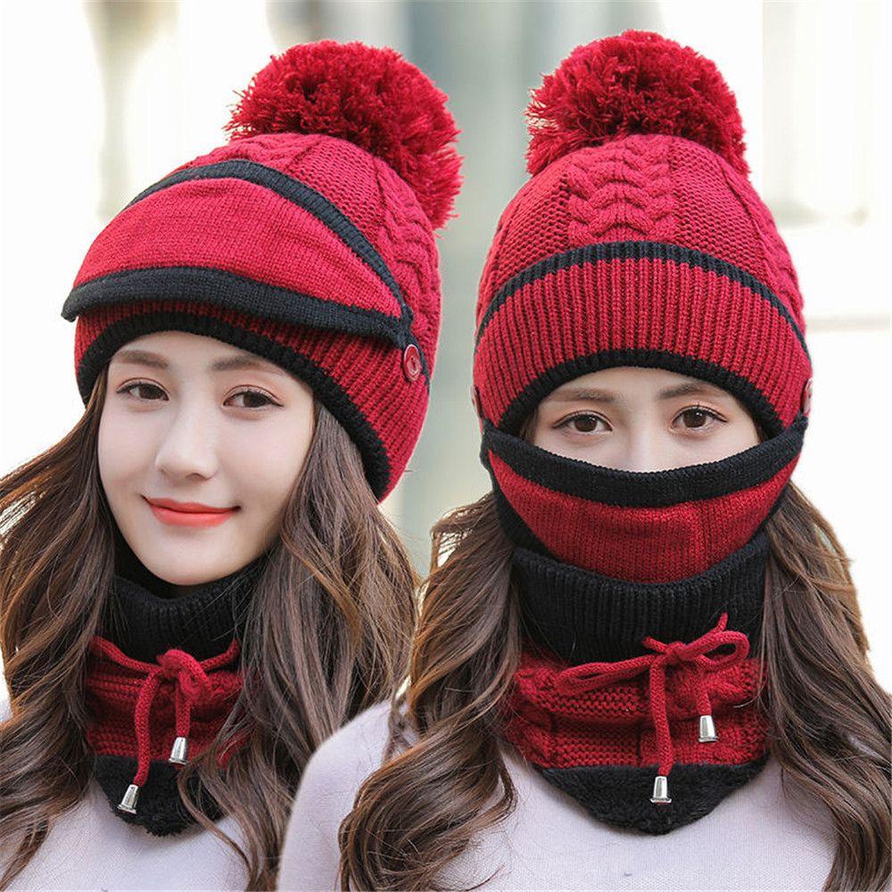 Set 3 Mũ beanie Trùm Đầu Kiêm Khăn Choàng Cổ Giữ Ấm Chống Lạnh Cho Nữ